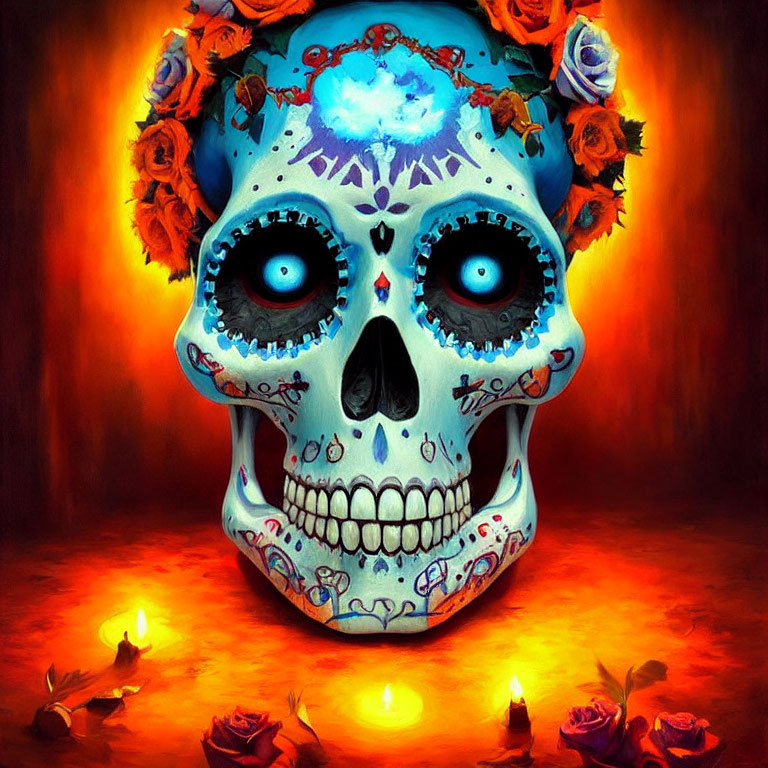 Colorful Skull with Floral Patterns and Roses in Candle-Lit Setting