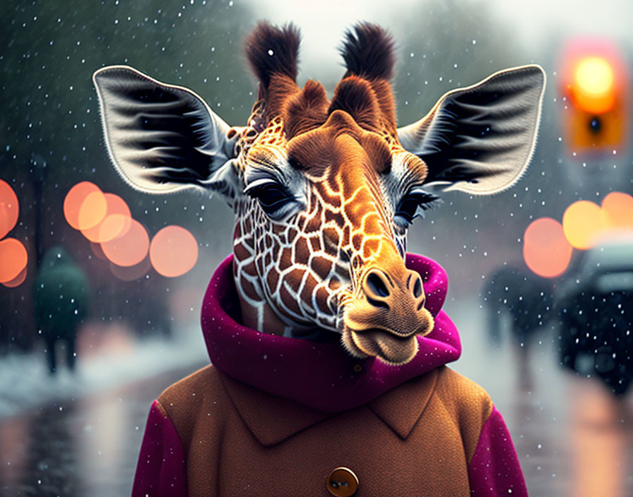 Giraffe in human clothing in snowy urban scene with traffic lights