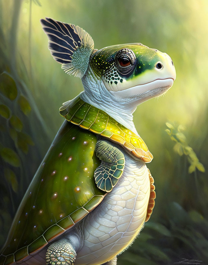 Whimsical turtle with fish-like tail in vibrant green hues