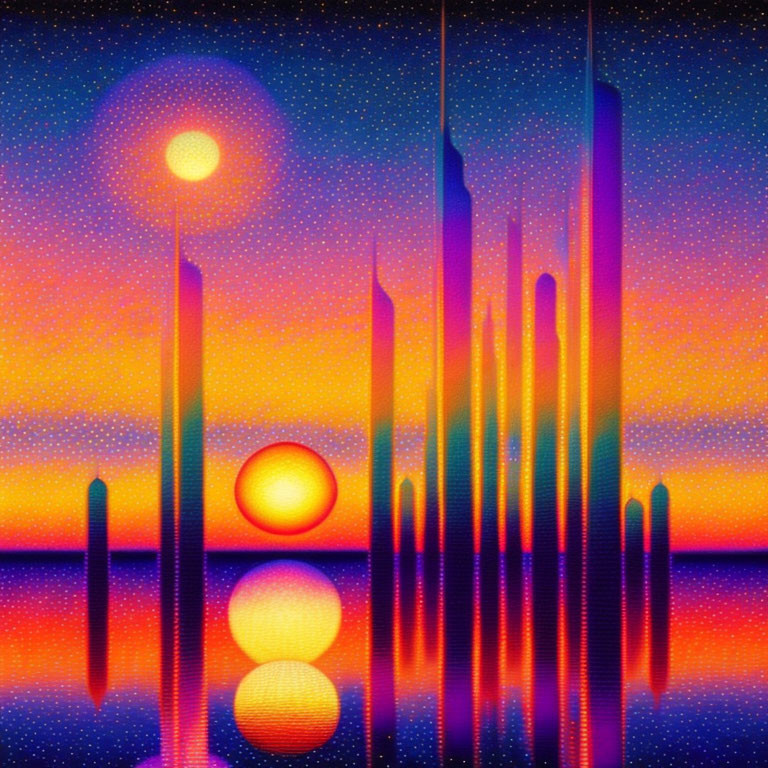 Vibrant retro-futuristic cityscape with skyscrapers reflecting on water under starry sky