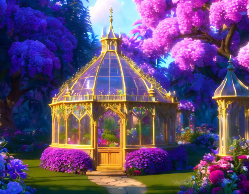 Golden Greenhouse Surrounded by Purple Trees in Magical Garden