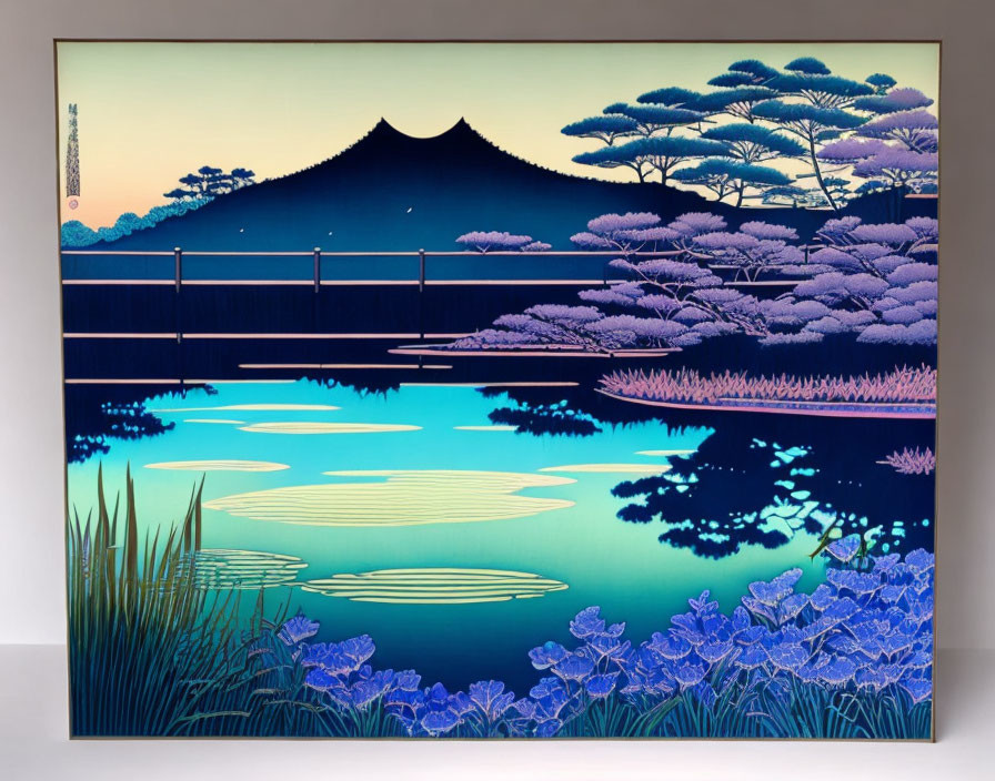 Stylized landscape art: Mount Fuji, serene water, vibrant flora