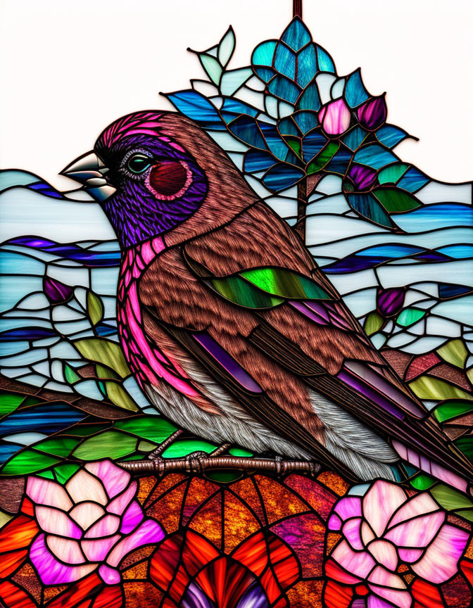 Colorful Stained Glass Artwork: Purple and Green Bird with Flowers in Blue Sky