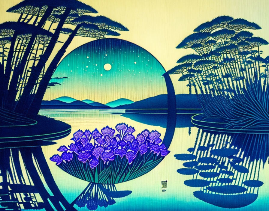 Blue-toned landscape with lake, mountains, full moon, pine trees, and vibrant purple flowers.