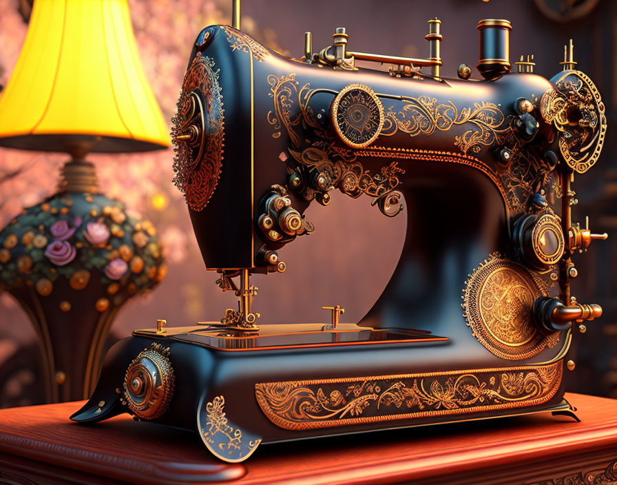 Vintage Sewing Machine with Gold Detailing and Floral Lamp Glow