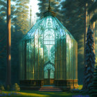 Ornate glass greenhouse in serene forest setting at dusk
