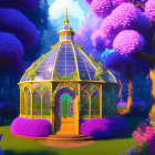 Golden Greenhouse Surrounded by Purple Trees in Magical Garden