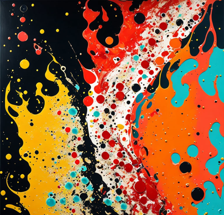 Colorful Abstract Splatter Painting in Red, Yellow, Turquoise, and Black