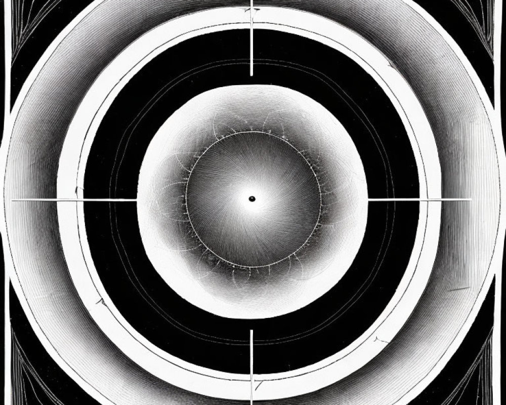 Abstract Black and White Art with Concentric Circles and Crosshairs