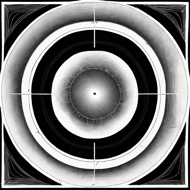 Abstract Black and White Art with Concentric Circles and Crosshairs