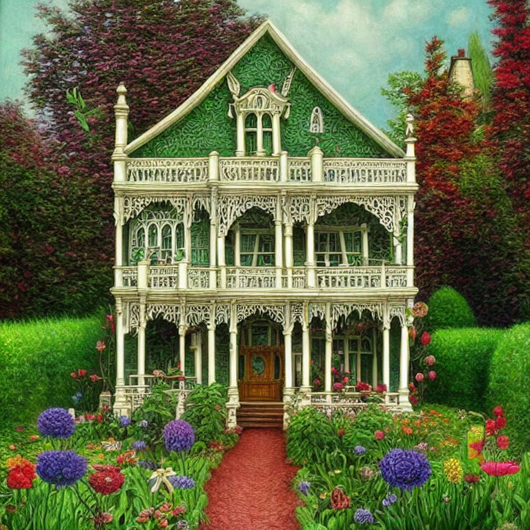 Victorian-Style House with White Trim, Gardens, and Brick Path