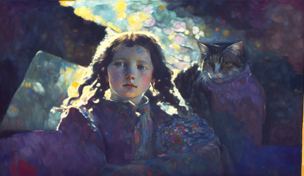 Young girl with braided hair sitting with a cat in dappled light