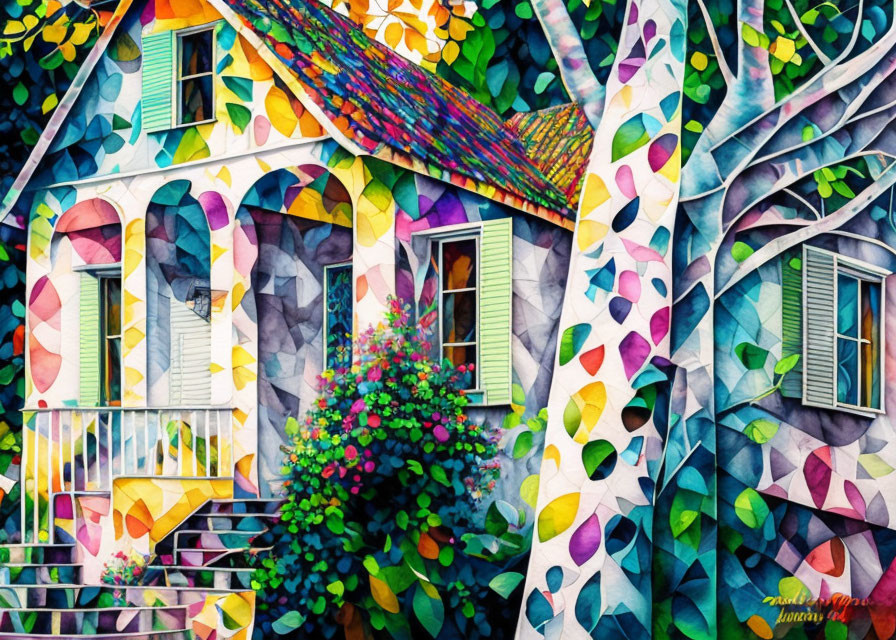 Colorful Leaf-Patterned House with Tiled Roof and Bushes