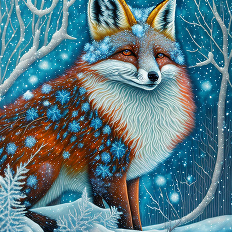 Vibrant red fox in snowy landscape with blue snowflake patterns