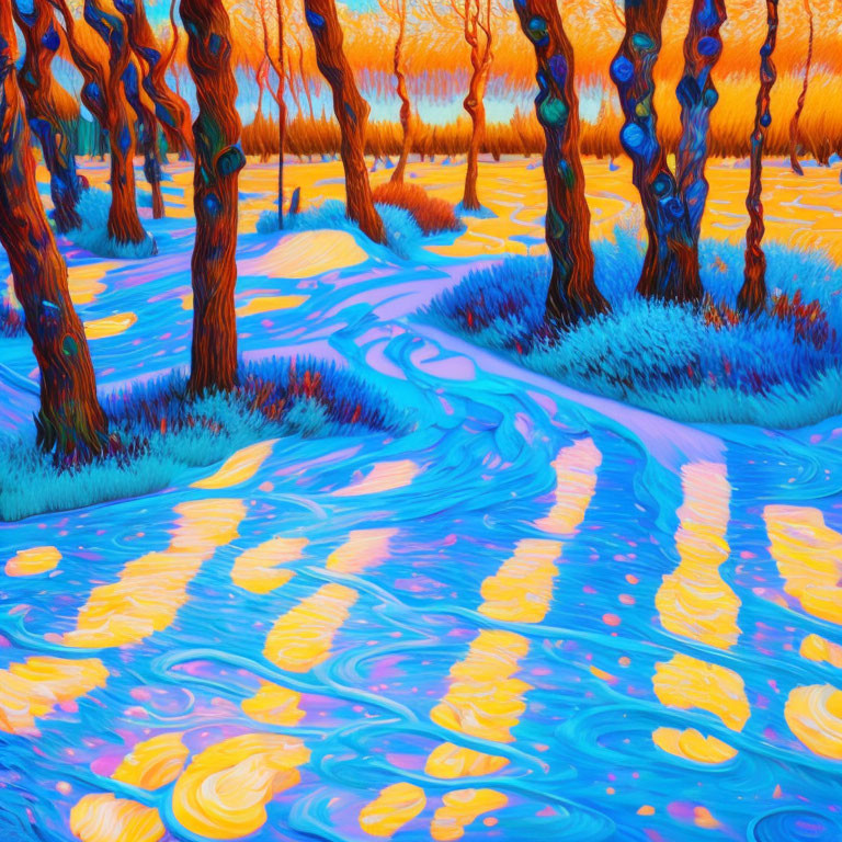 Colorful Impressionistic Wooded Landscape Painting with Winding Path