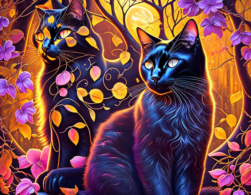 Vividly Colored Cats in Fantasy Floral Scene at Night