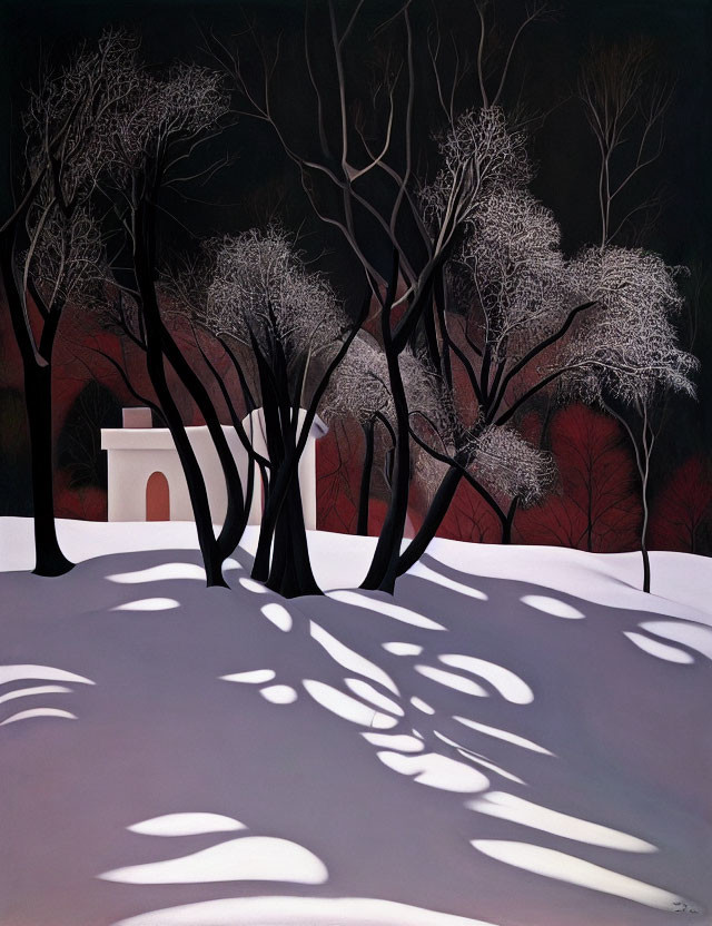 Moonlit black trees casting shadows on snowy landscape with red sky and white house