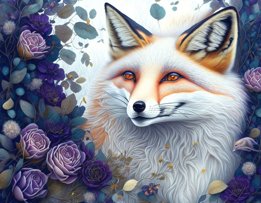 Colorful Fox Face Surrounded by Purple and Blue Flora