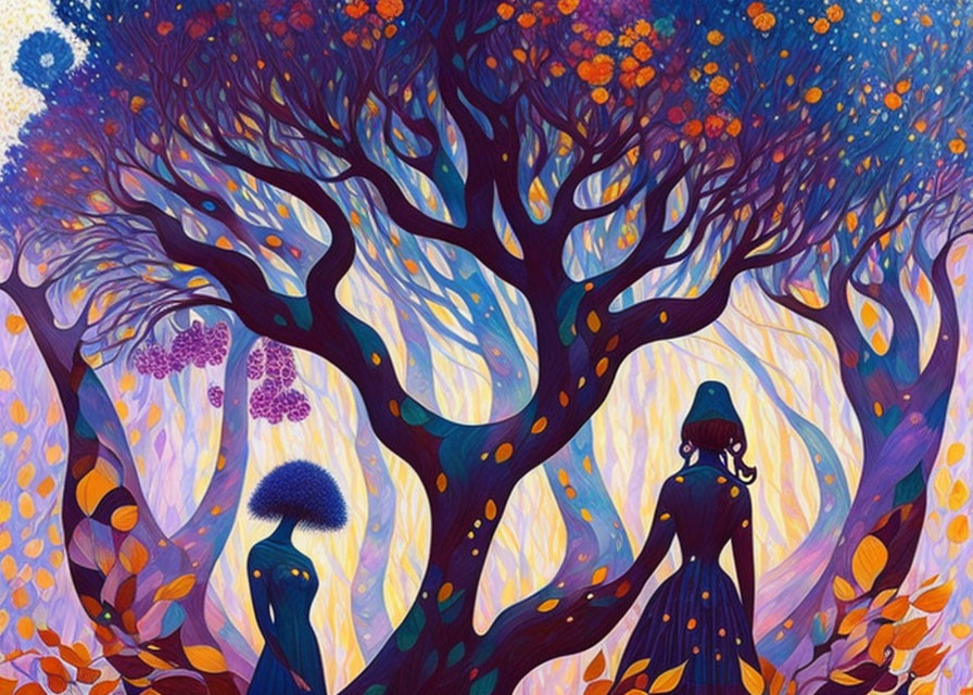 Whimsical painting of silhouetted figures under vibrant tree