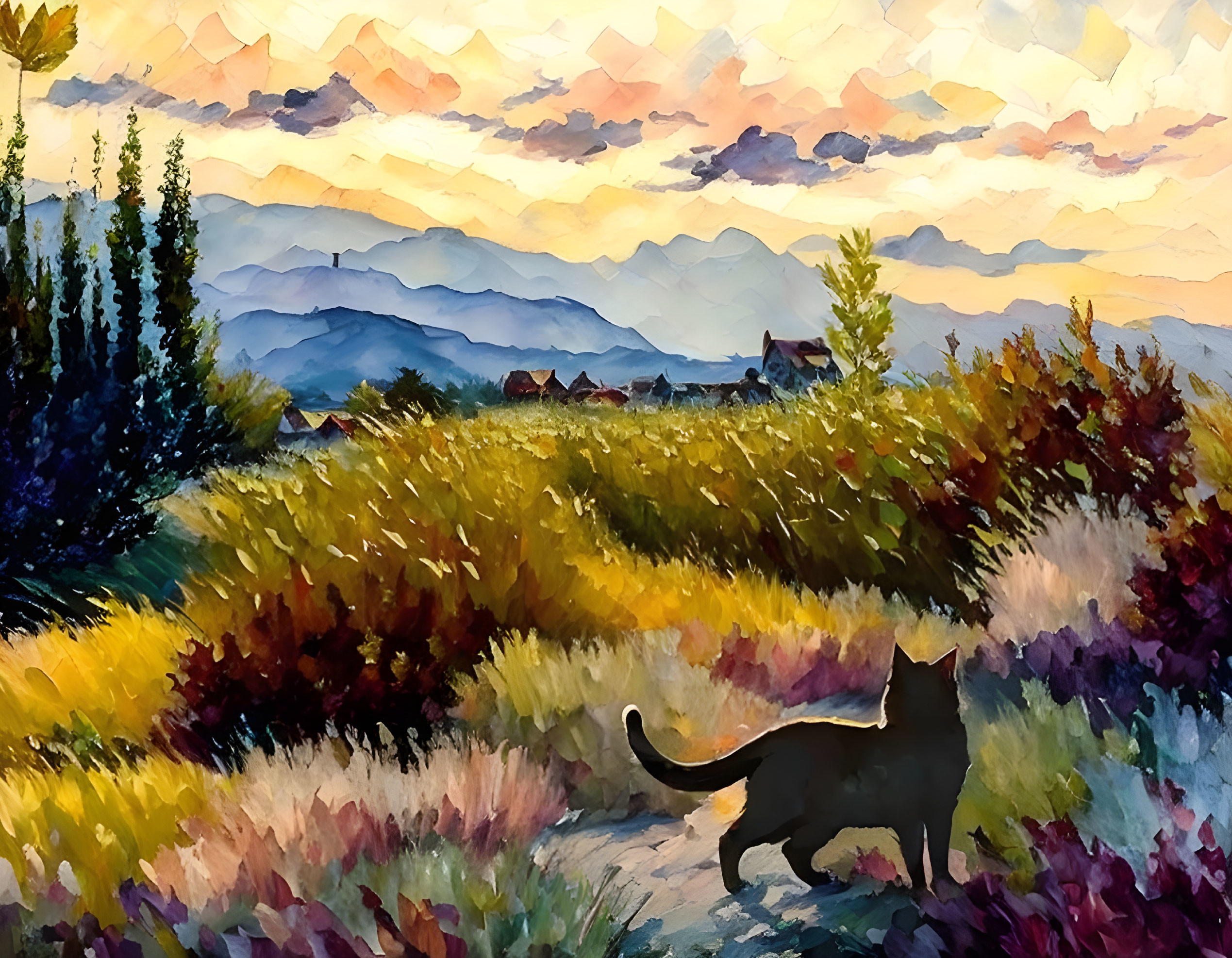 Colorful Cat Walking on Path Through Meadow with Trees and Cottages Under Sunset Sky