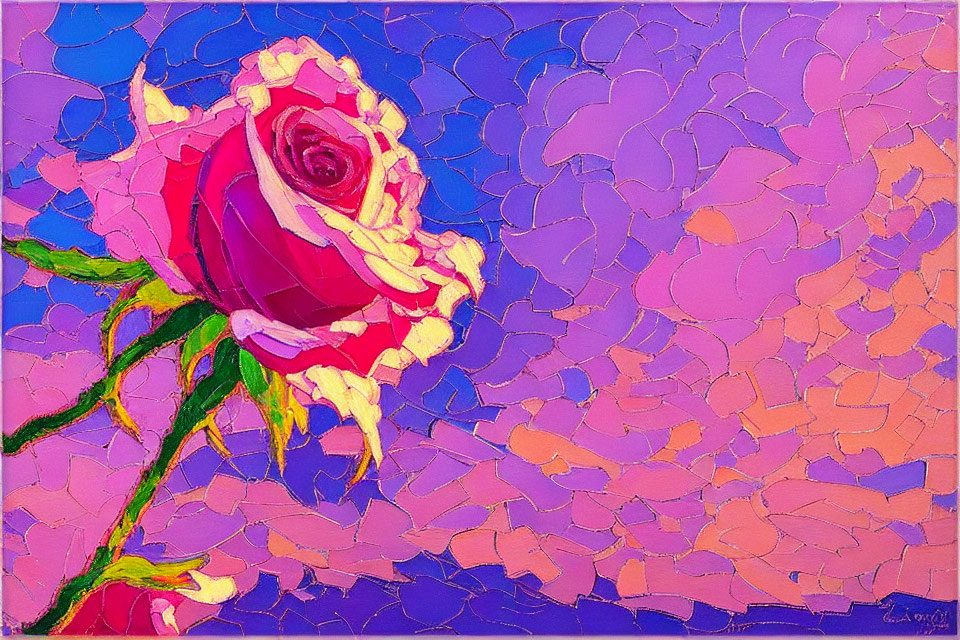 Colorful oil painting of pink rose on mosaic background