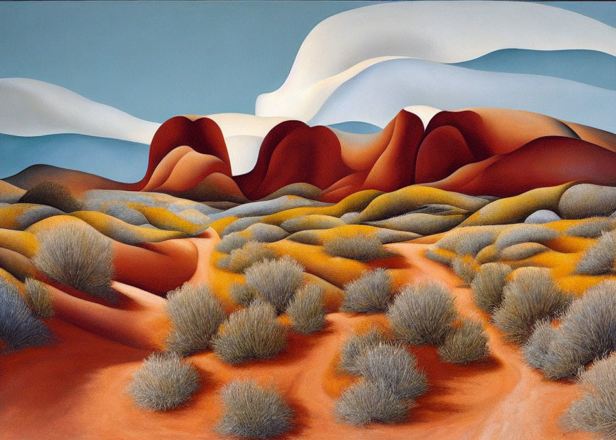 Stylized desert landscape with red-brown hills and flowing sky