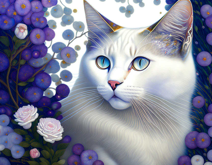 White Cat with Blue Eyes Surrounded by Purple Flowers