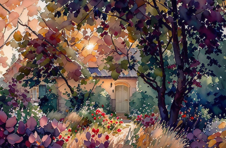 Autumn-themed house surrounded by colorful leaves and flowers