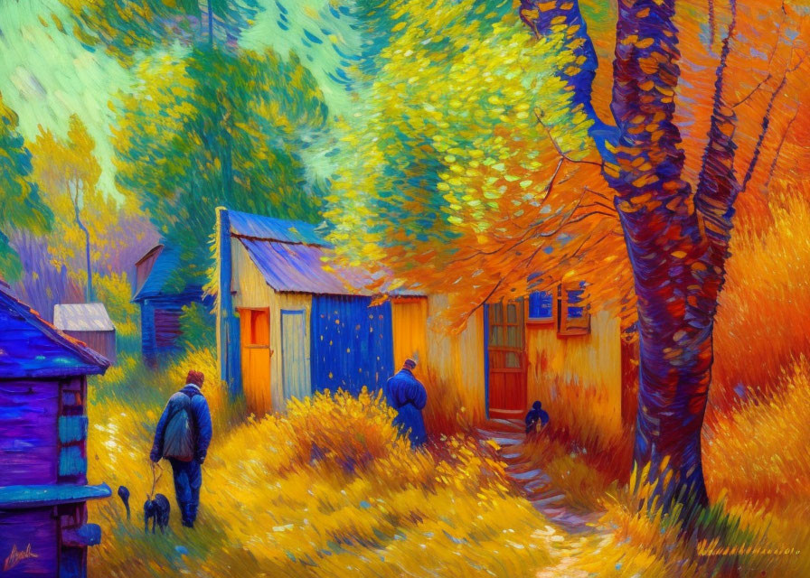 Colorful Impressionistic Painting of People Walking Towards Rural Houses