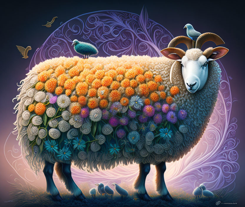 Colorful Sheep and Birds Illustration on Purple Background