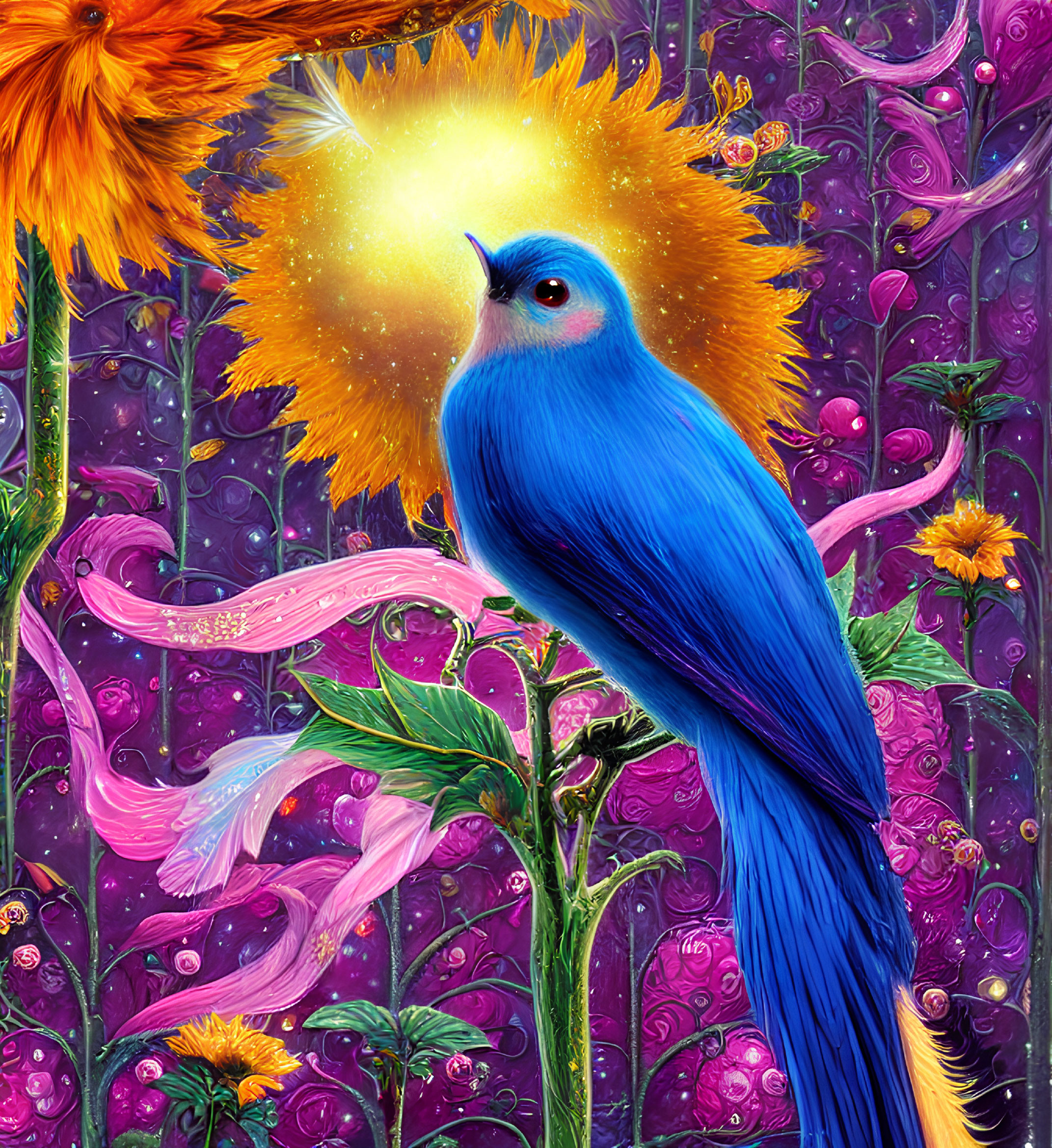 Detailed artwork of blue bird with glowing yellow head on green stem amidst purple flora and fiery orange bird.