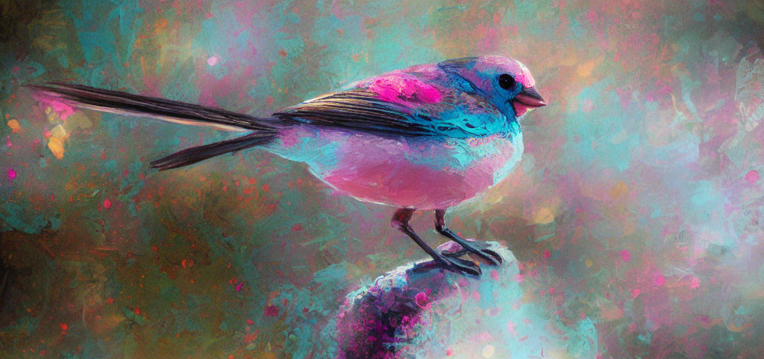 Colorful painting of stylized bird on branch with blue and pink hues