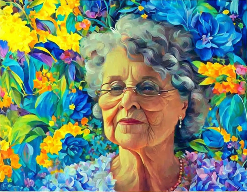 Colorful painting: Elderly woman with glasses and vibrant flowers