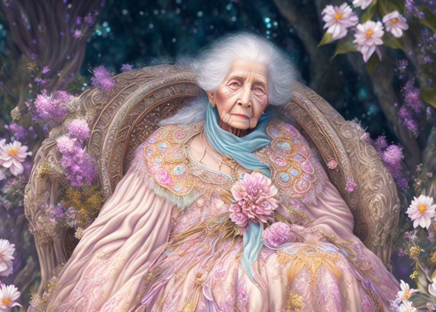 Elderly woman in ornate chair surrounded by flowering plants in pastel gown