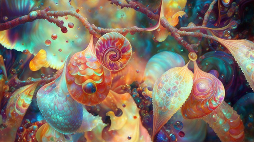 Colorful Abstract Digital Artwork with Psychedelic Sea-Shell Forms