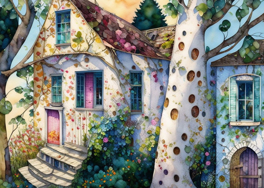 Colorful Watercolor Painting of Quaint House with Nature Scene