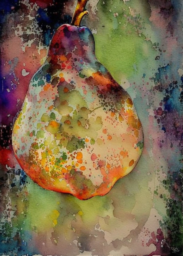 Vibrant Watercolor Painting of a Pear with Abstract Background