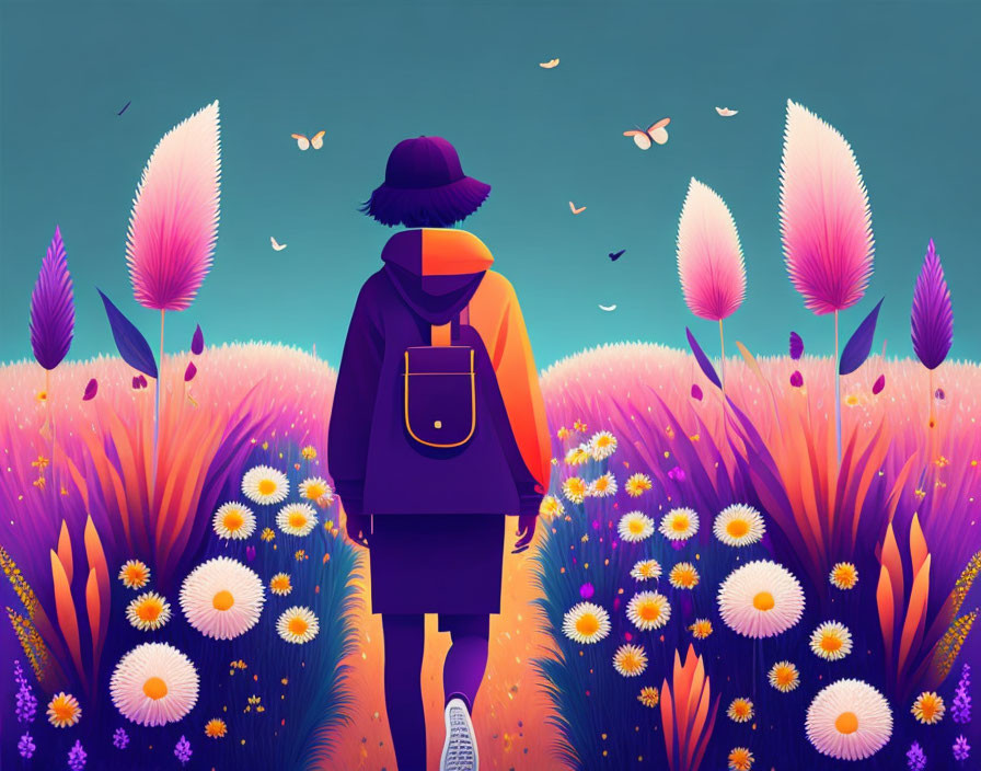 Colorful Stylized Illustration: Person in Purple Outfit Walking in Vibrant Meadow