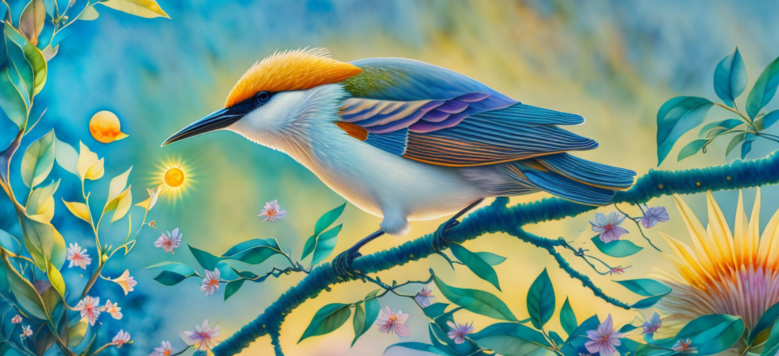 Colorful bird with yellow crest on branch in blue foliage with sun glow.