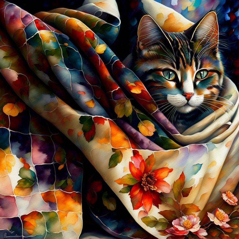 Colorful Painting: Cat in Floral Quilt with Rich Hues