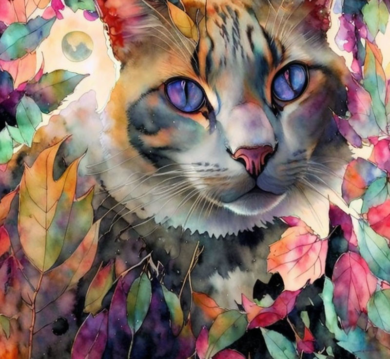 Vibrant watercolor painting of a cat with blue eyes and colorful leaves