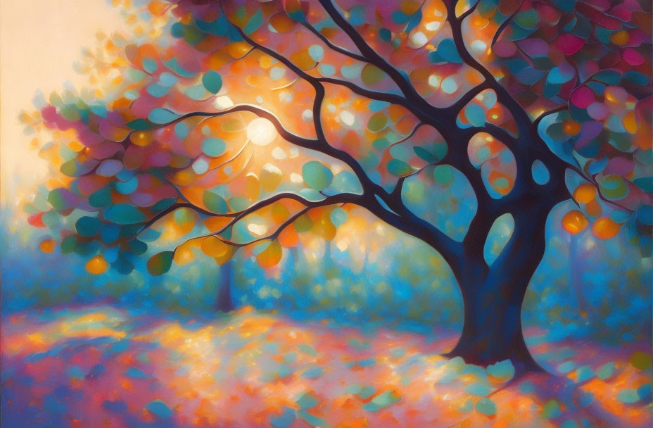 Colorful impressionistic painting of a tree in dreamy autumn landscape