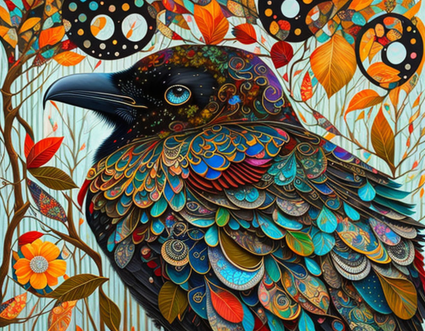 Vibrant bird illustration with intricate patterns and whimsical flora