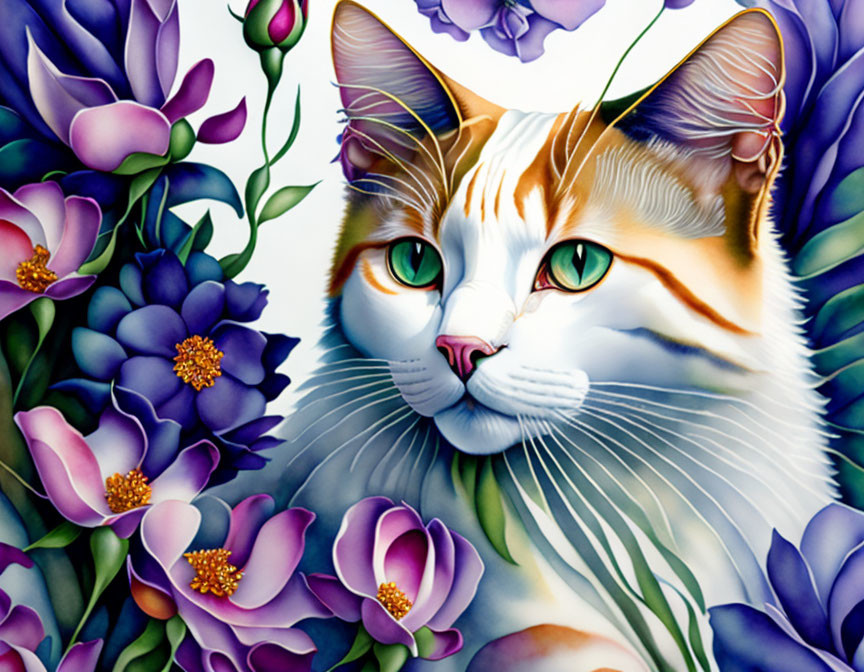 Colorful Calico Cat Surrounded by Purple Flowers and Green Eyes