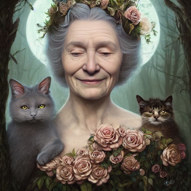 Elderly woman with floral wreath, cats, roses, and enchanted backdrop