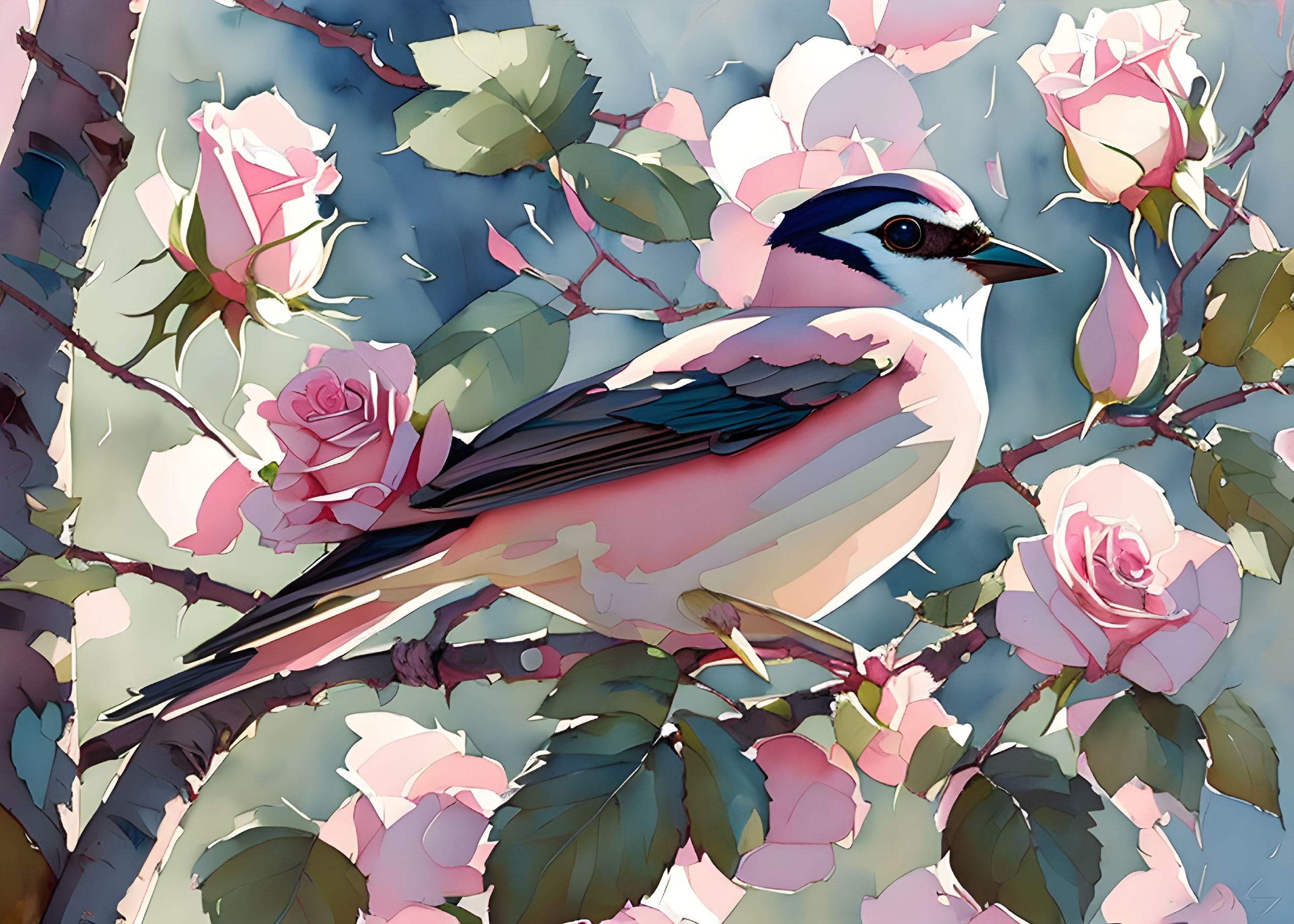 Colorful Bird Perched Among Pink Roses on Moody Blue Background