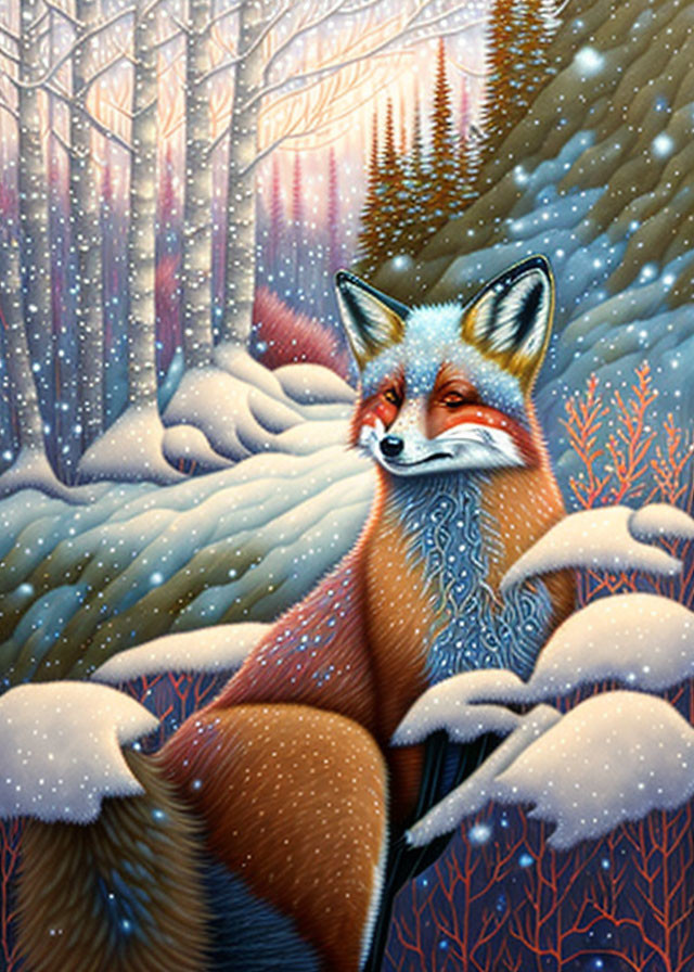 Detailed Red Fox Illustration in Snowy Forest