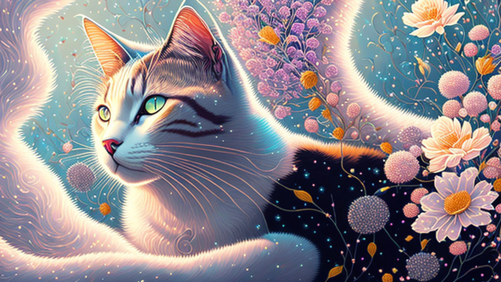 Vibrant Cat Artwork with Floral and Cosmic Patterns