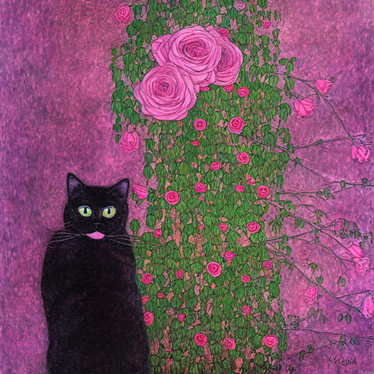 Black Cat with Green Eyes and Roses on Textured Pink Background