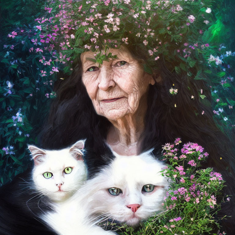 Elderly woman in serene garden with white cats